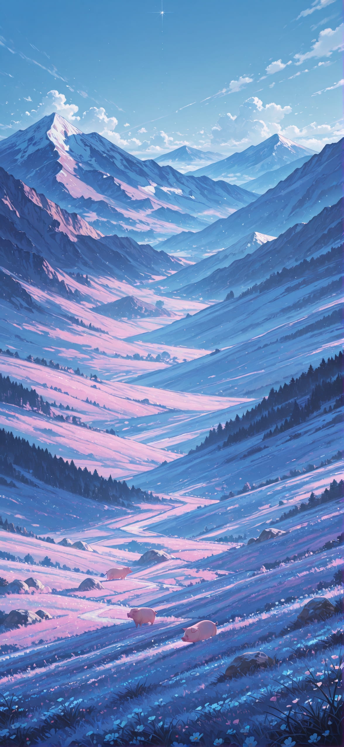 Promptplayground Blue Afternoon Mountain Spring Animal mobile wallpaper / スマホ壁紙