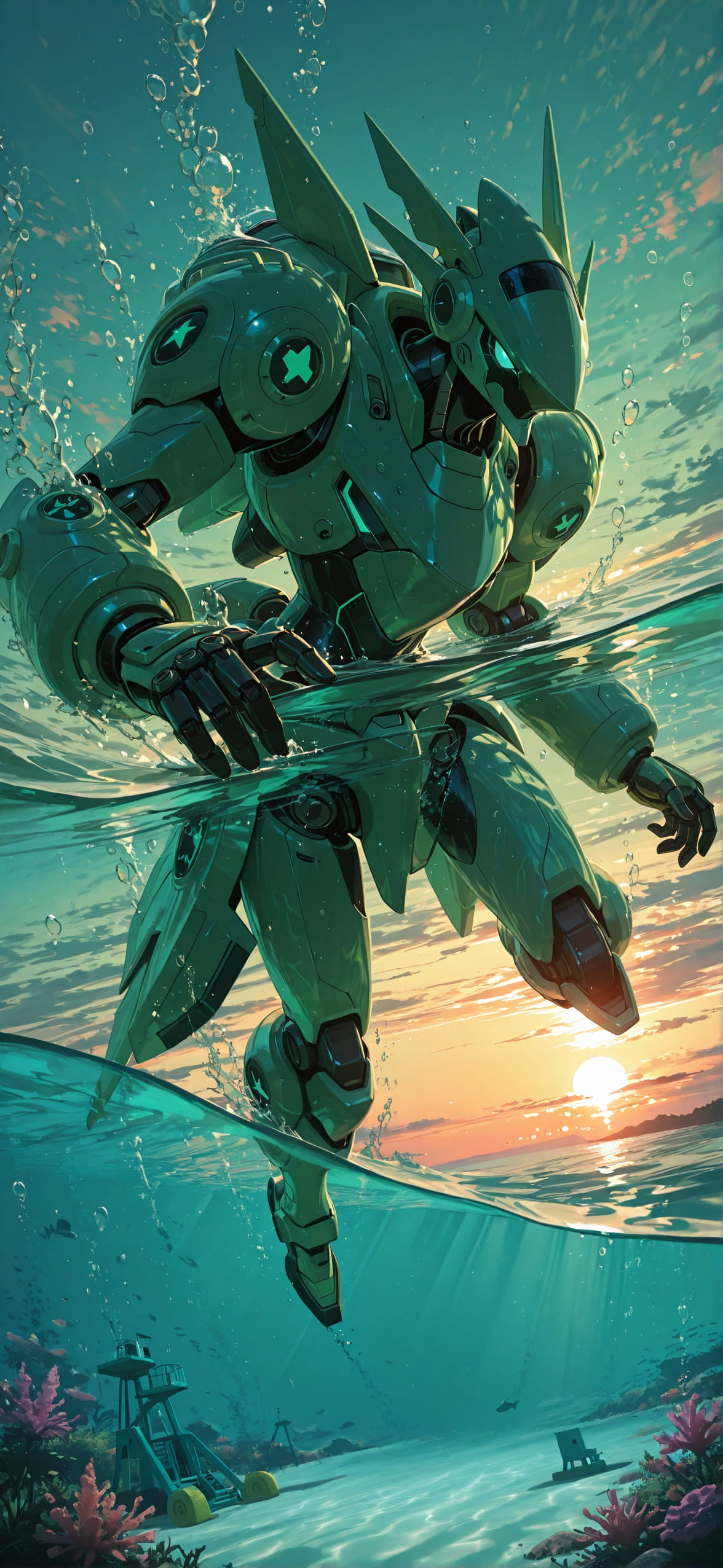 Promptplayground Green Sunset Sea Summer Machine mobile wallpaper / スマホ壁紙