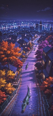 Promptplayground Purple Night City Autumn Animal mobile wallpaper / スマホ壁紙