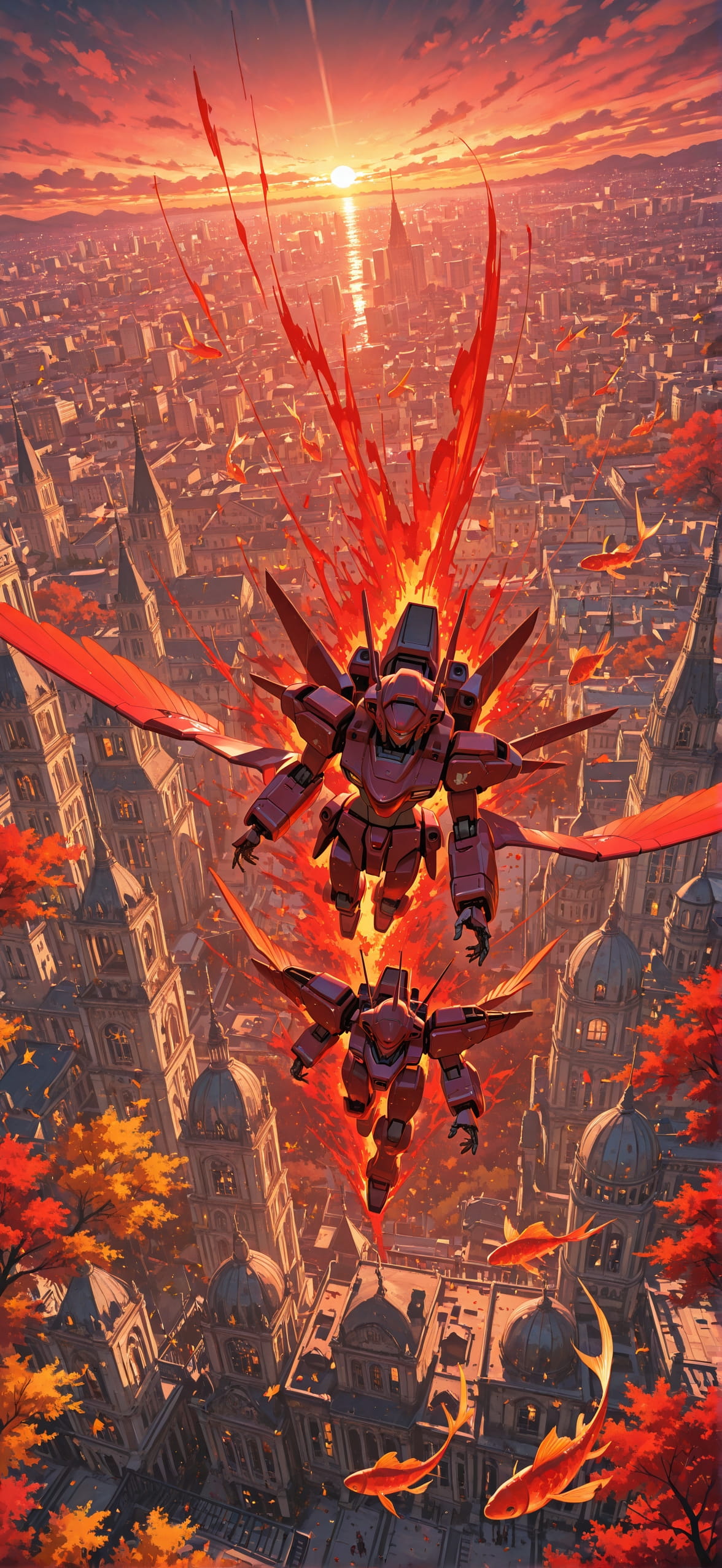 Promptplayground Red Sunset City Autumn Animal Machine mobile wallpaper / スマホ壁紙