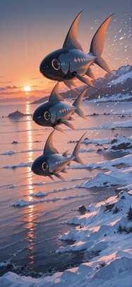 Realitywarp Orange Sunset Sea Winter Animal Machine mobile wallpaper / スマホ壁紙
