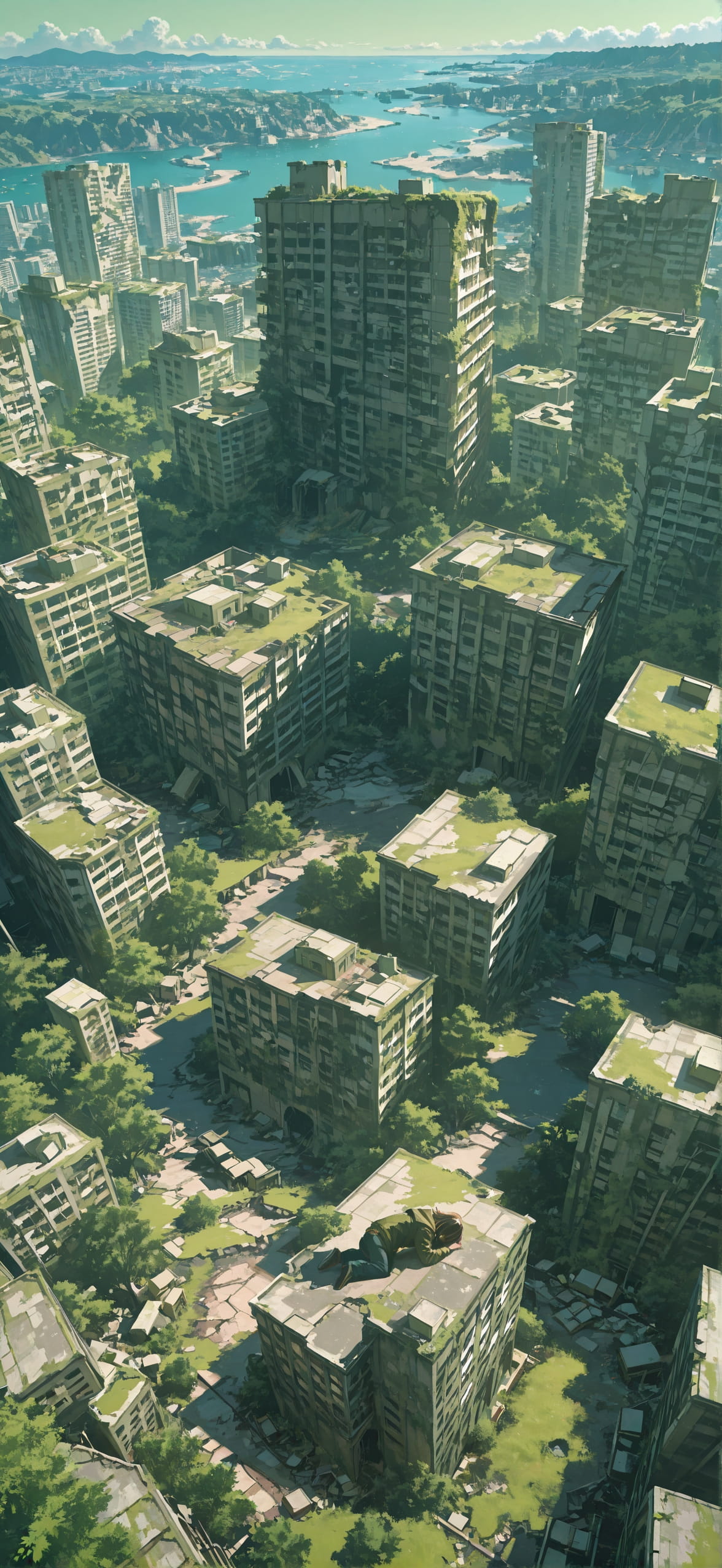 Ruins Green Afternoon Sea Spring mobile wallpaper / スマホ壁紙