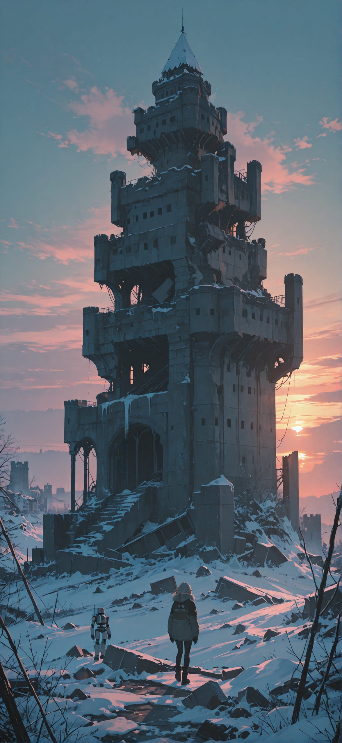 Ruins Green Sunset Sky Winter Machine mobile wallpaper / スマホ壁紙