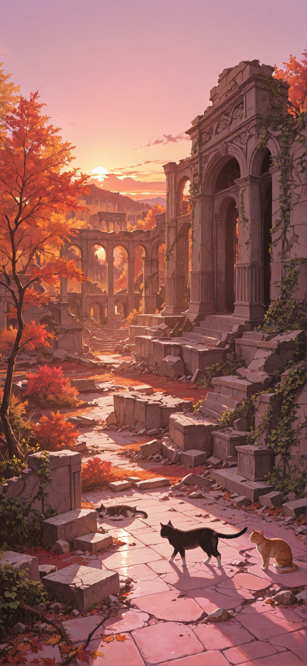 Ruins Pink Sunset Sky Autumn Animal mobile wallpaper / スマホ壁紙