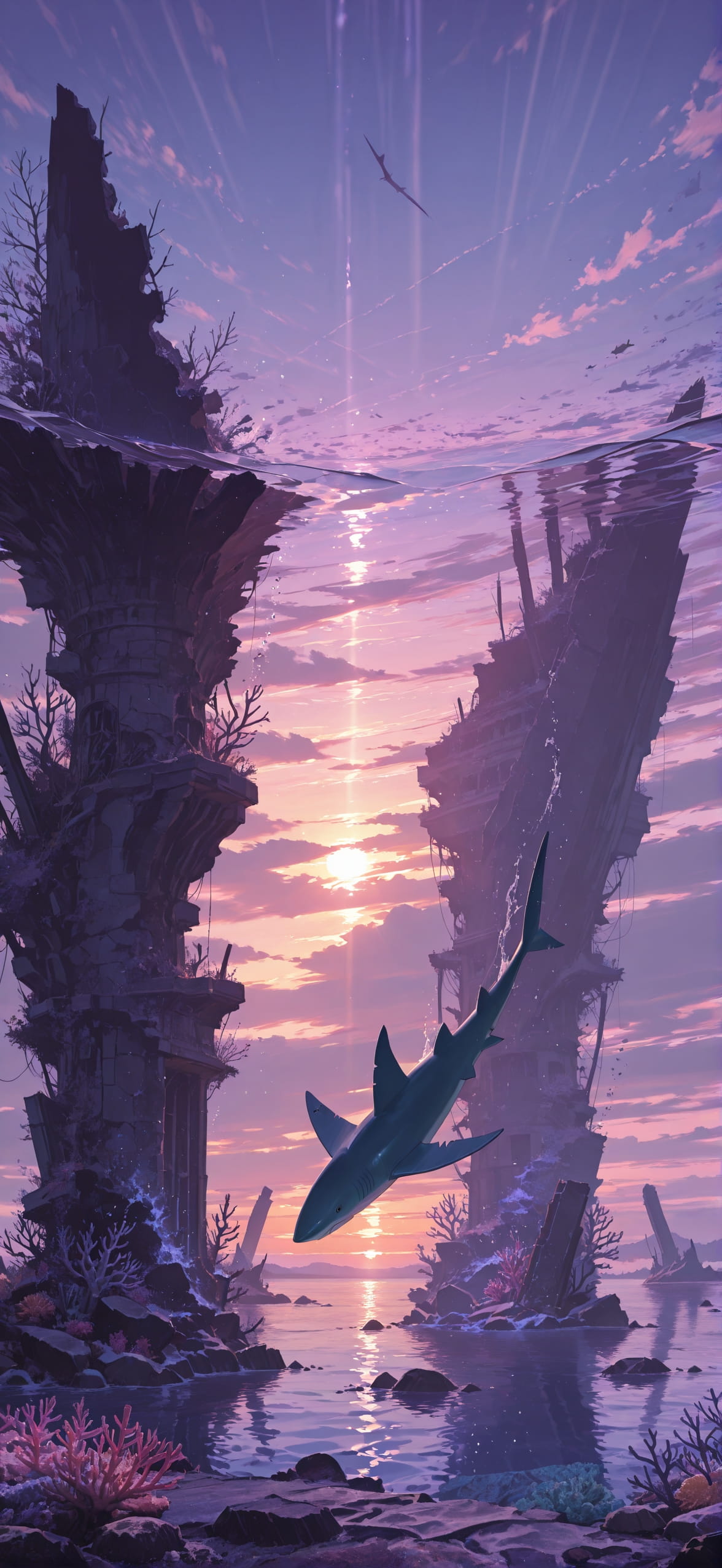 Ruins Purple Sunset Sea Winter Animal mobile wallpaper / スマホ壁紙