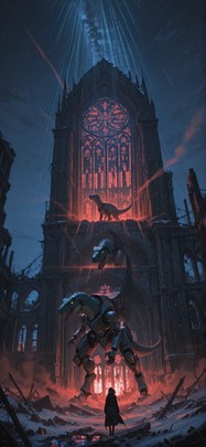 Ruins Red Night Sky Winter Animal Machine mobile wallpaper / スマホ壁紙