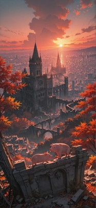 Ruins Red Sunset City Autumn Animal mobile wallpaper / スマホ壁紙