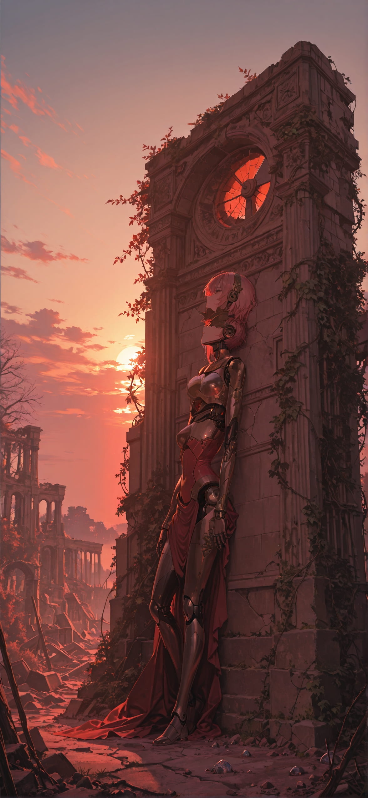 Ruins Red Sunset Sky Winter Machine mobile wallpaper / スマホ壁紙