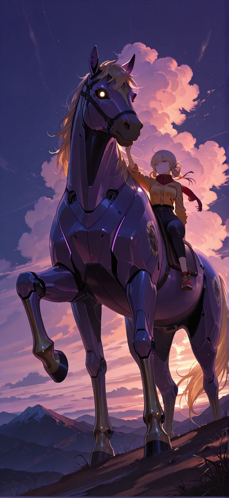 Saffron Purple Night Mountain Summer Animal Machine mobile wallpaper / スマホ壁紙