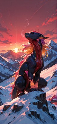 Saffron Red Sunset Mountain Winter Animal mobile wallpaper / スマホ壁紙