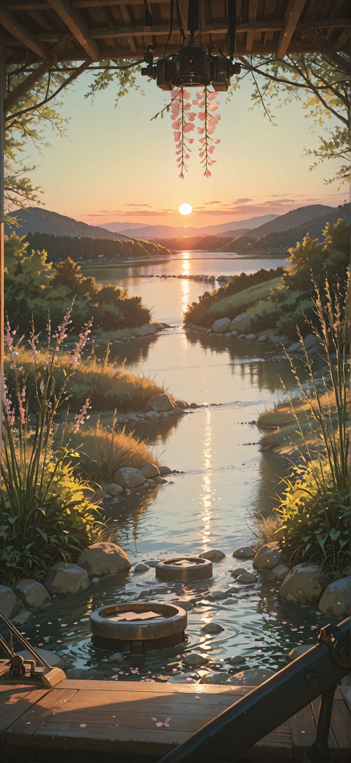 Sakura Green Sunset Sea Spring Machine mobile wallpaper / スマホ壁紙