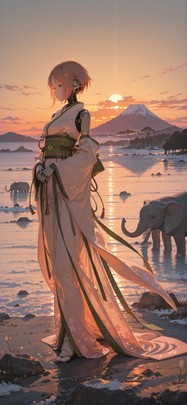 Sakura Orange Sunset Sea Winter Animal Machine mobile wallpaper / スマホ壁紙