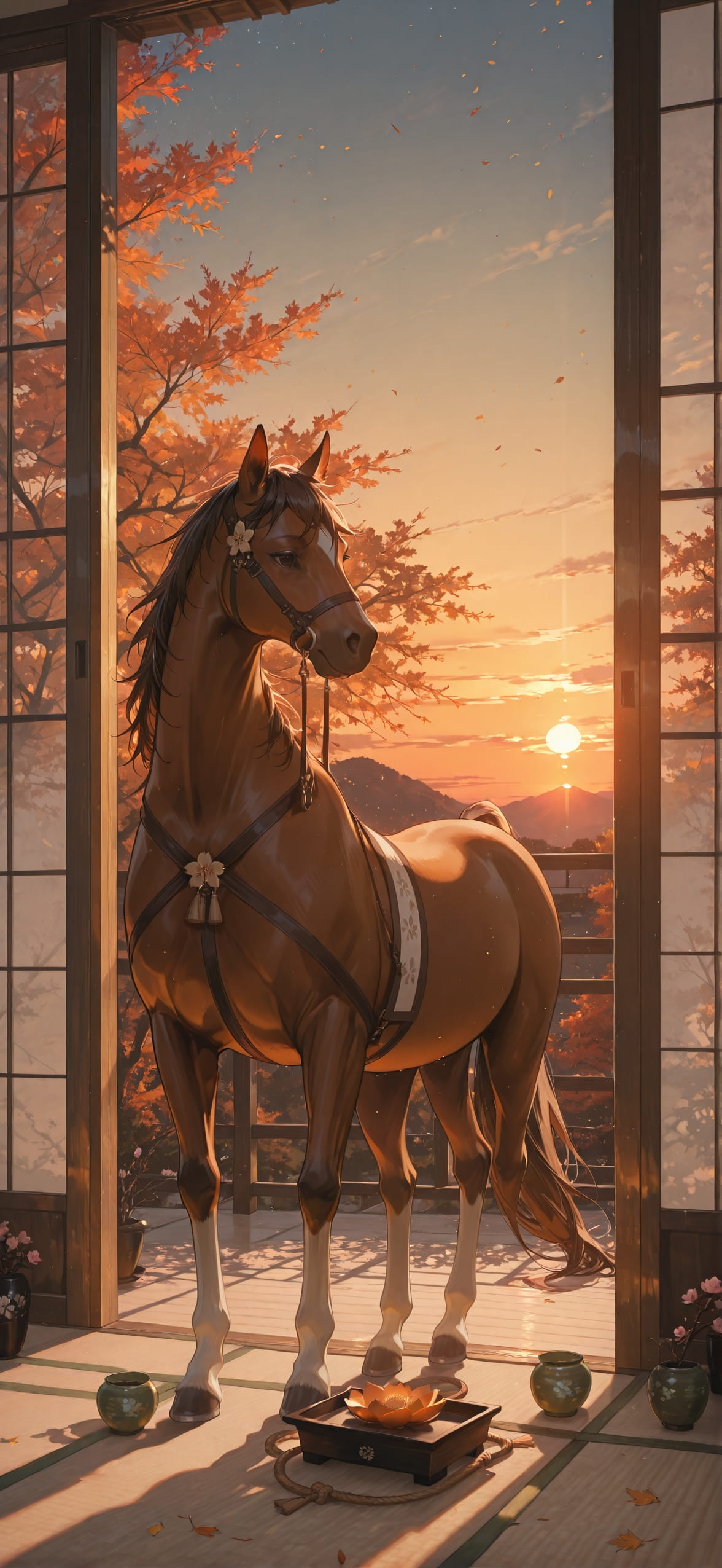 Sakura Orange Sunset Sky Autumn Animal mobile wallpaper / スマホ壁紙