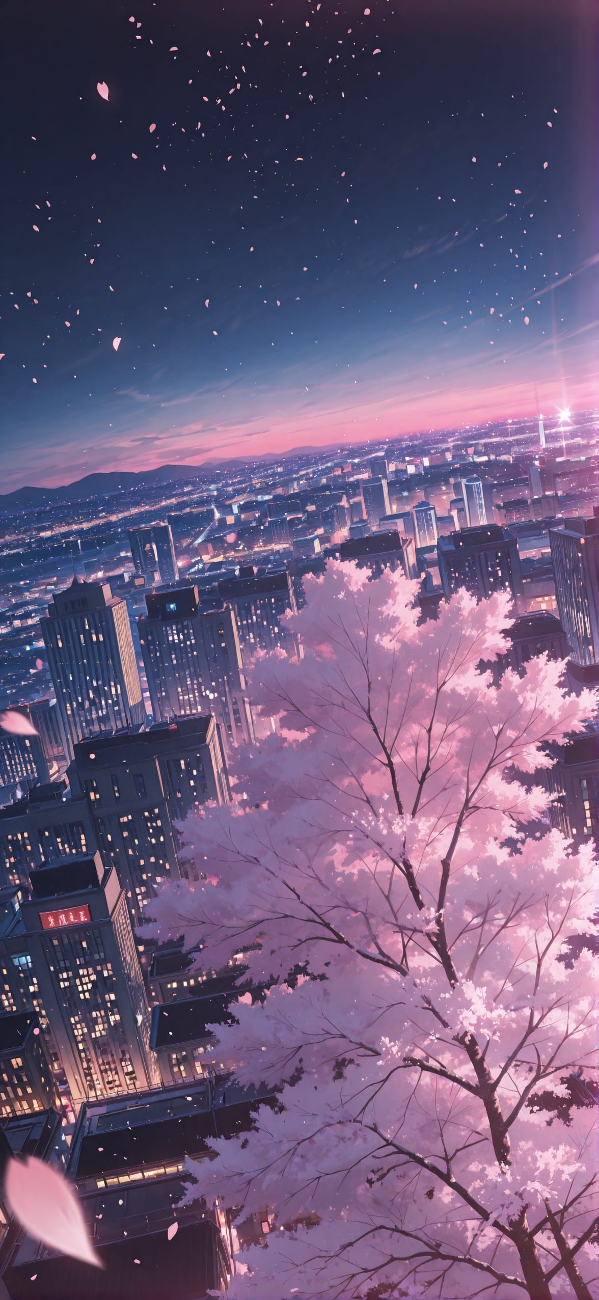 Sakura Pink Night City Winter mobile wallpaper / スマホ壁紙