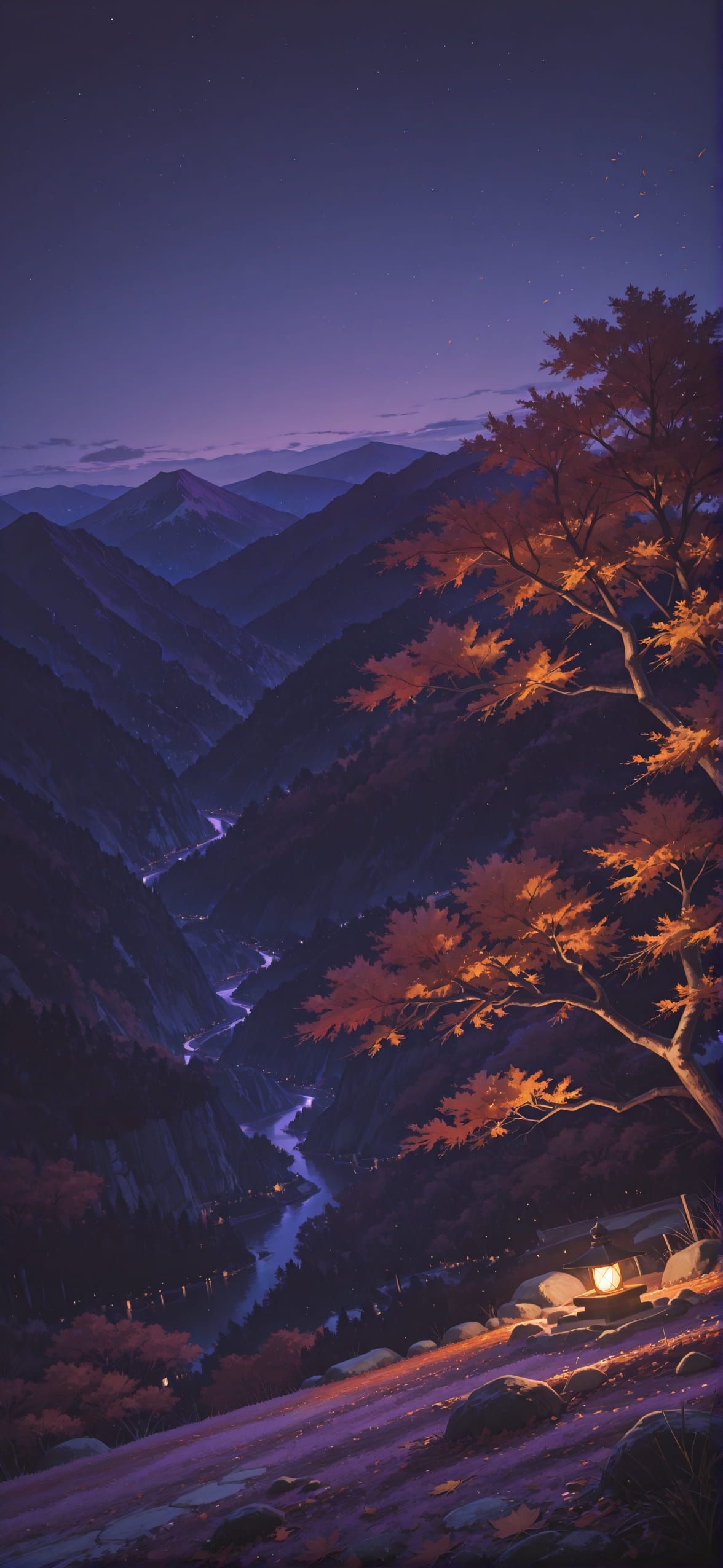 Sakura Purple Night Mountain Autumn mobile wallpaper / スマホ壁紙