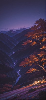 Sakura Purple Night Mountain Autumn mobile wallpaper / スマホ壁紙