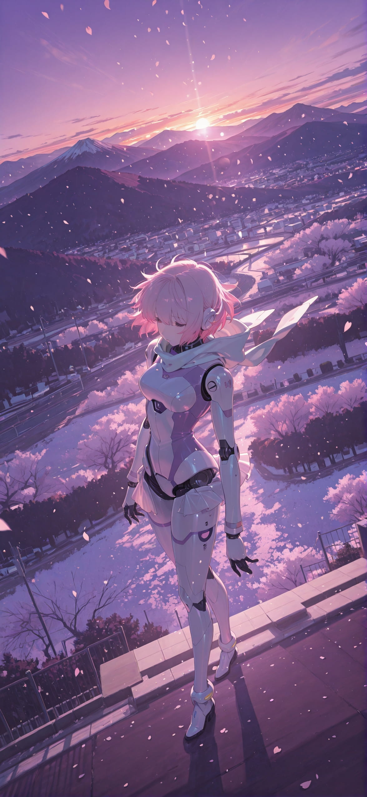 Sakura Purple Sunset Mountain Winter Machine mobile wallpaper / スマホ壁紙