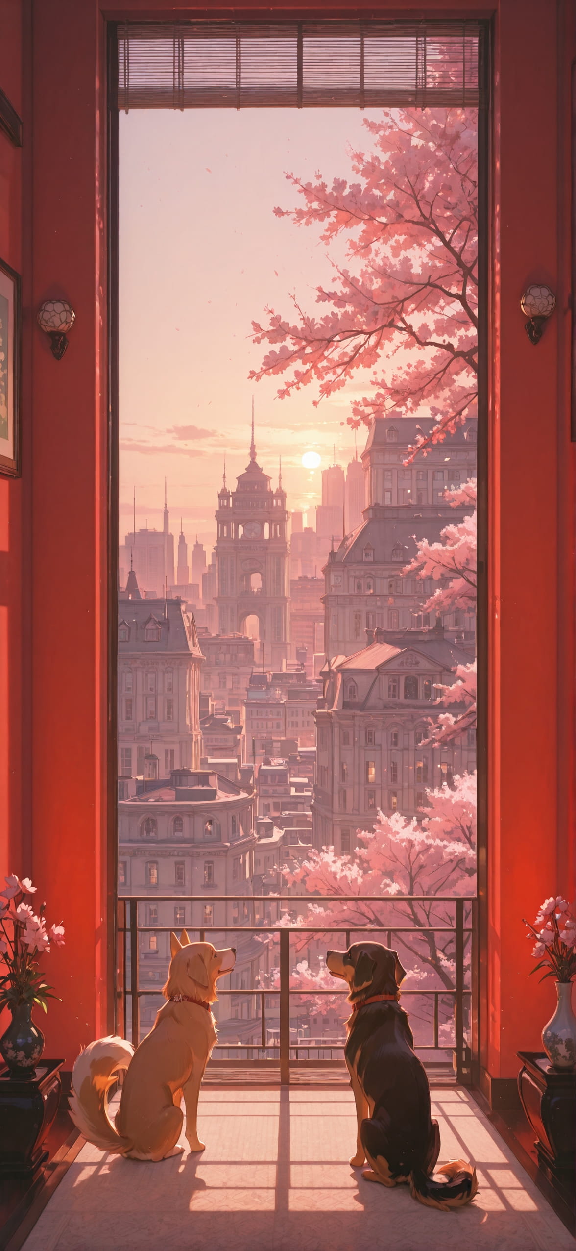 Sakura Red Afternoon City Spring Animal Machine mobile wallpaper / スマホ壁紙