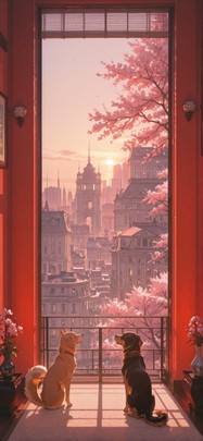 Sakura Red Afternoon City Spring Animal Machine mobile wallpaper / スマホ壁紙