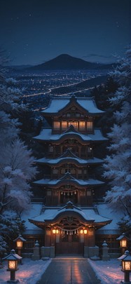 Sakura Red Night City Winter Animal mobile wallpaper / スマホ壁紙