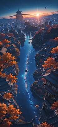 Saturn Blue Sunset City Autumn mobile wallpaper / スマホ壁紙