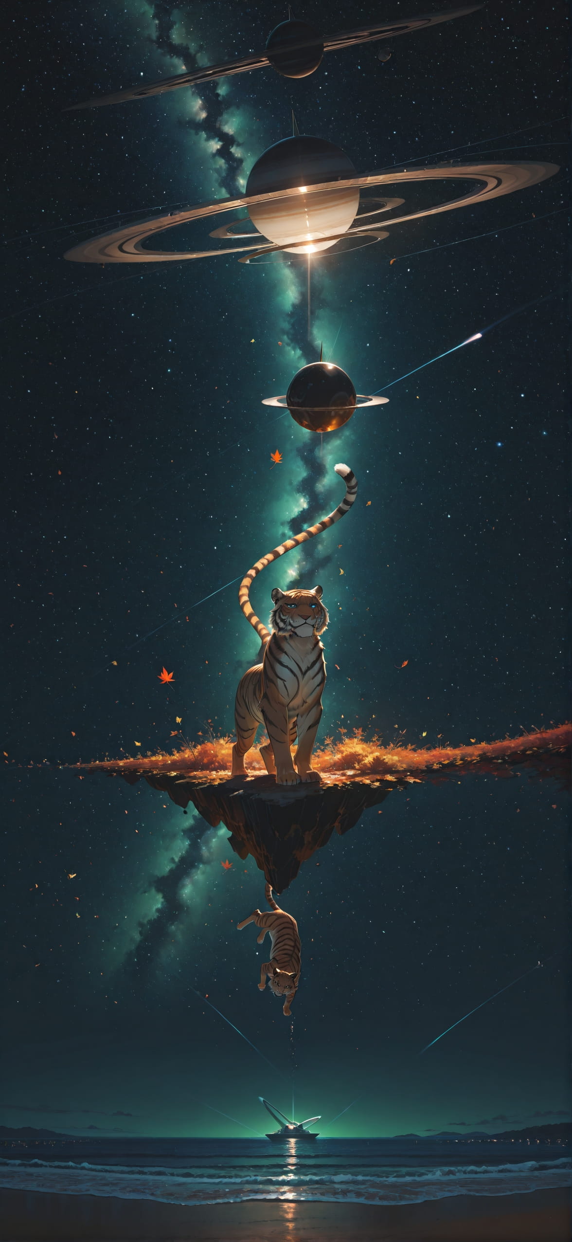 Saturn Green Night Sea Autumn Animal Machine mobile wallpaper / スマホ壁紙