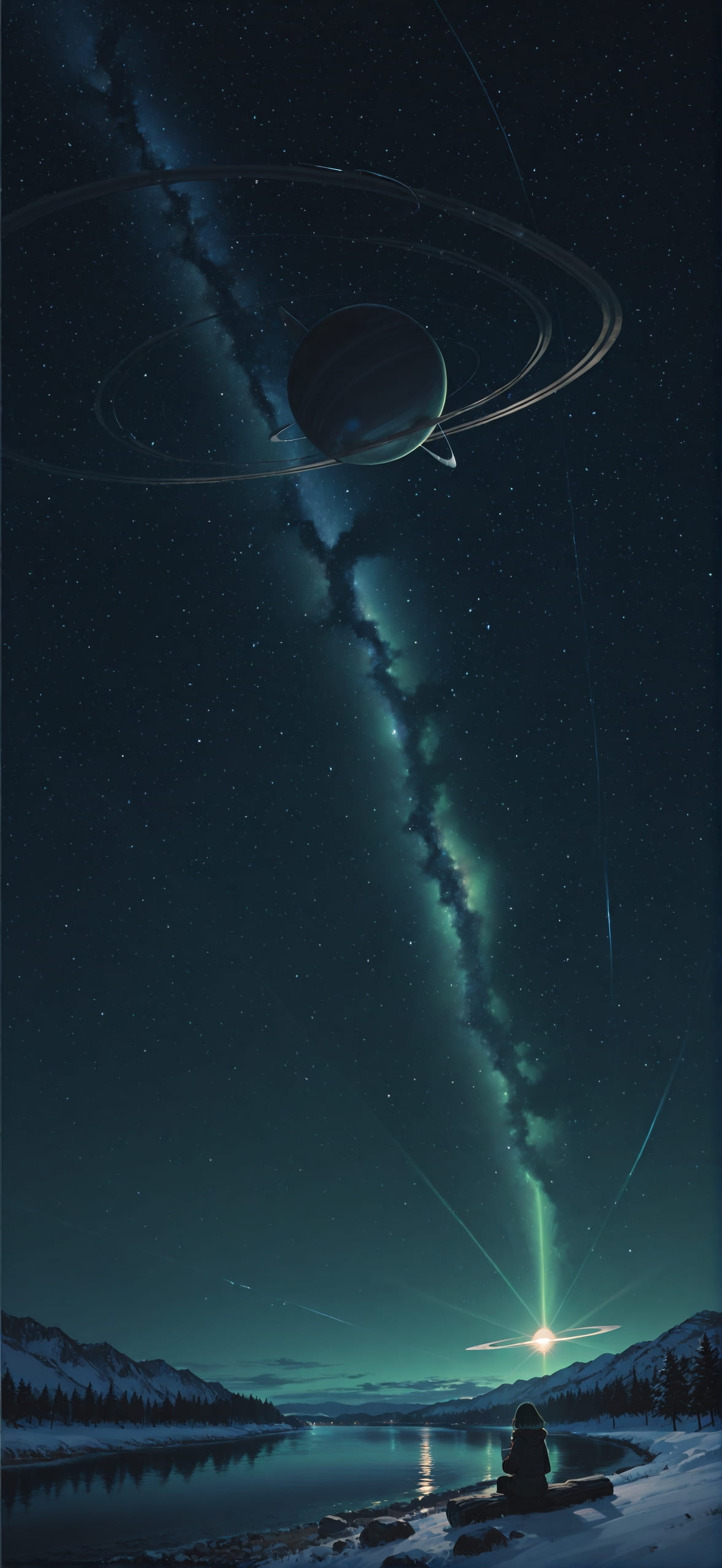Saturn Green Night Sea Winter mobile wallpaper / スマホ壁紙