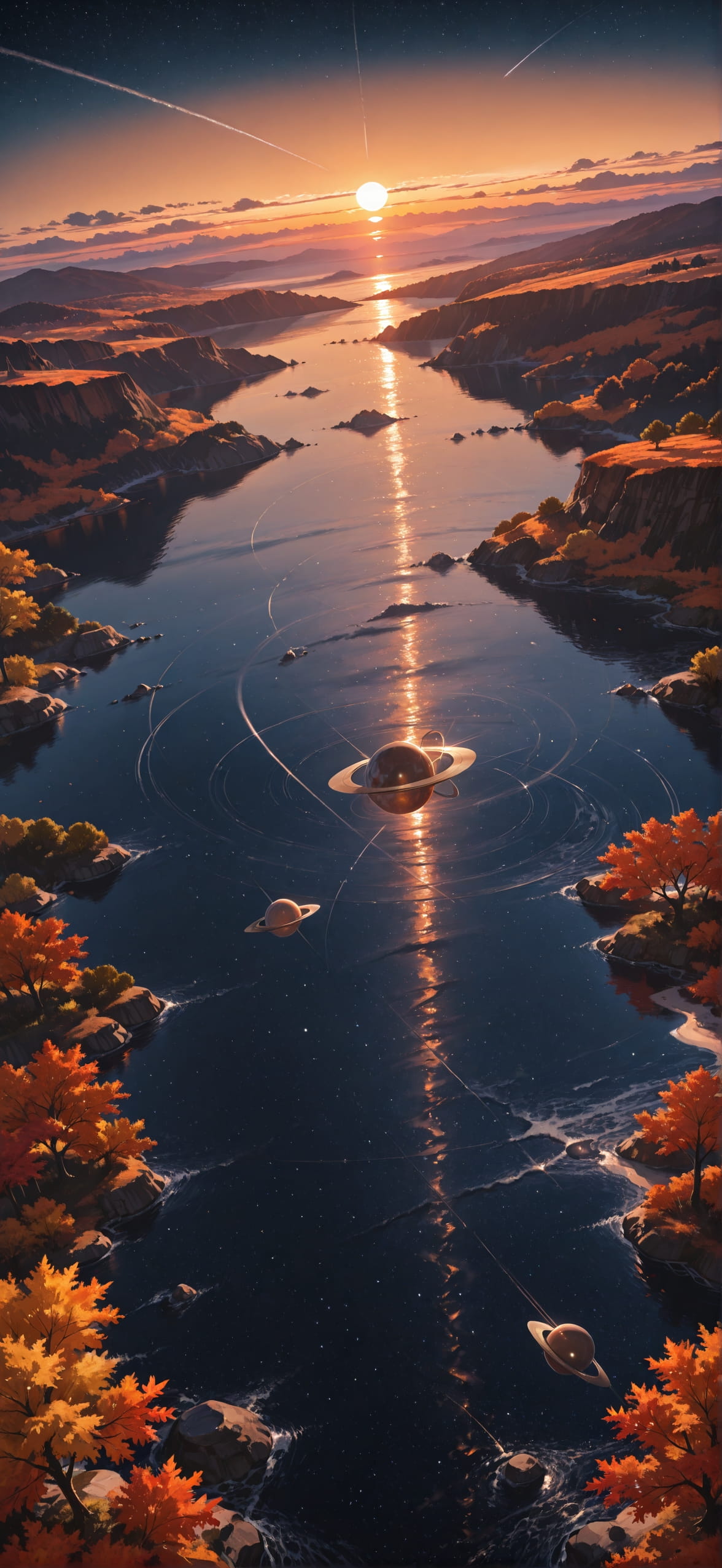 Saturn Orange Sunset Sea Autumn mobile wallpaper / スマホ壁紙