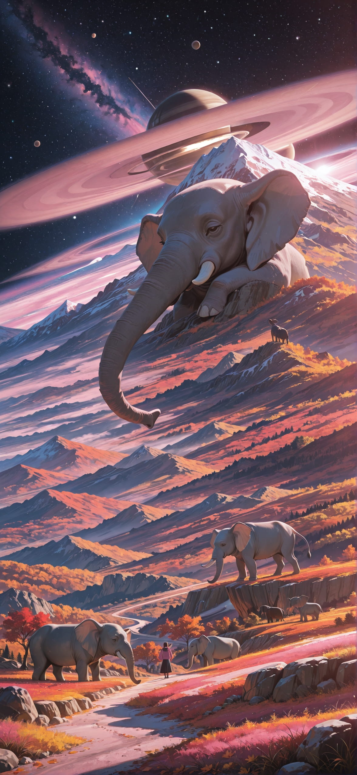 Saturn Pink Afternoon Mountain Autumn Animal mobile wallpaper / スマホ壁紙