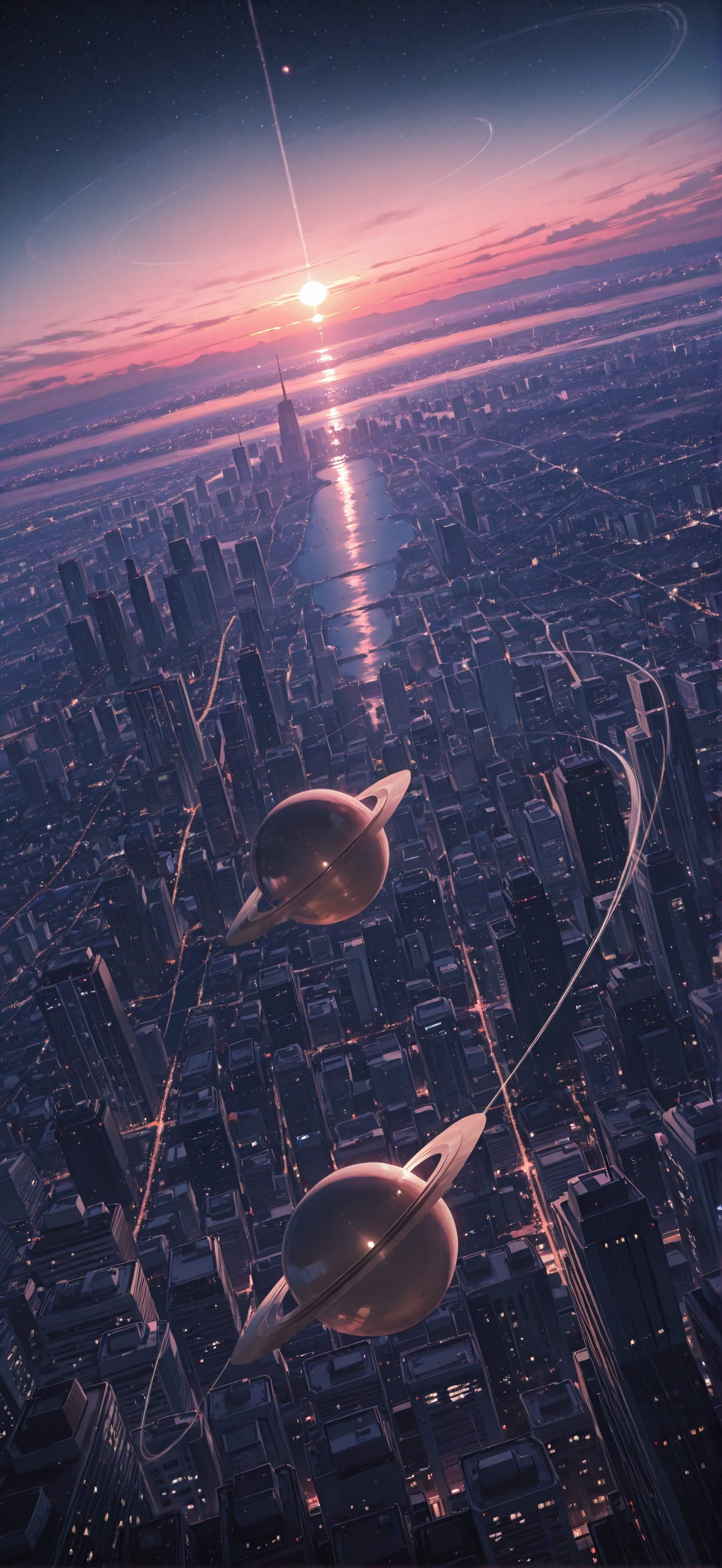 Saturn Pink Sunset City Spring mobile wallpaper / スマホ壁紙