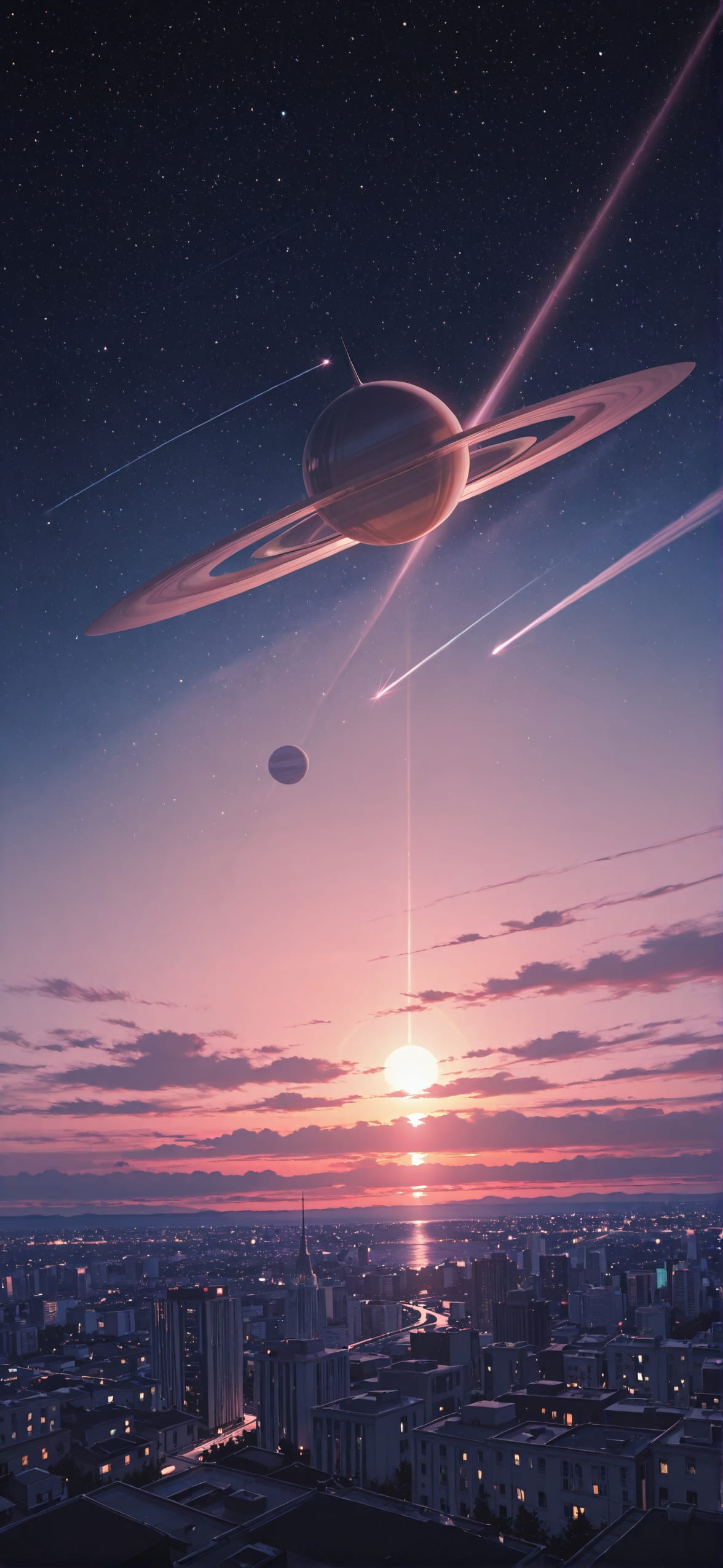 Saturn Pink Sunset City Summer mobile wallpaper / スマホ壁紙
