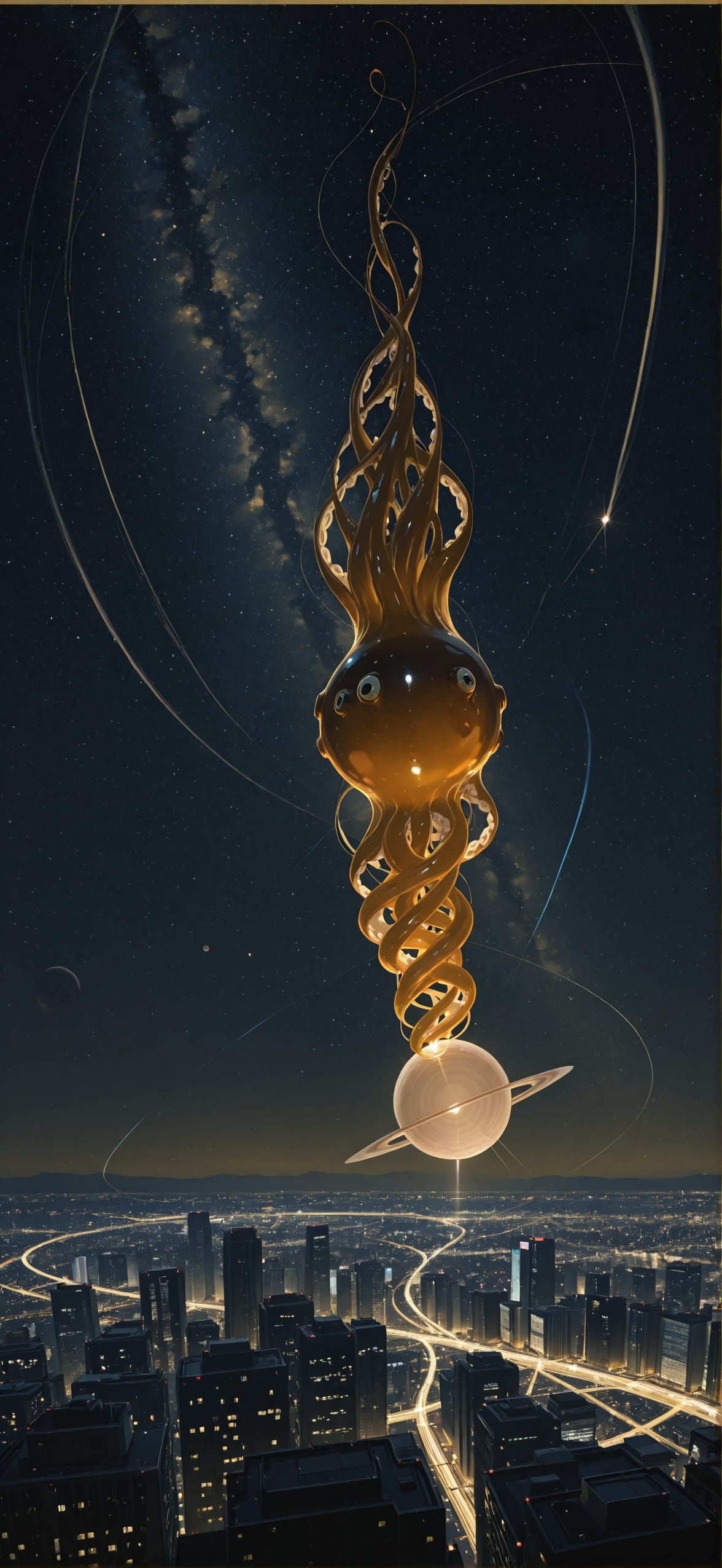 Saturn Yellow Night City Winter Animal mobile wallpaper / スマホ壁紙