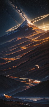 Saturn Yellow Night Mountain Autumn mobile wallpaper / スマホ壁紙