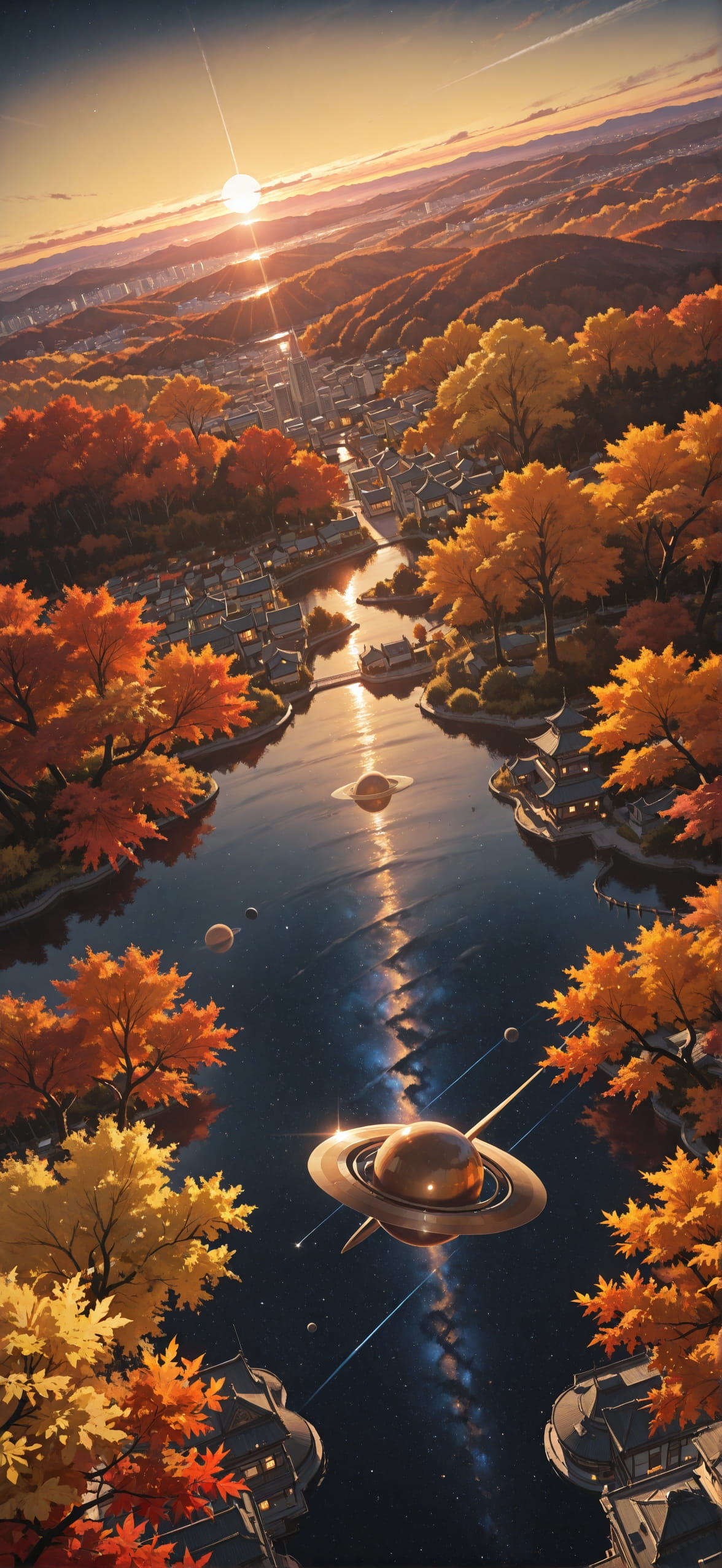 Saturn Yellow Sunset City Autumn mobile wallpaper / スマホ壁紙