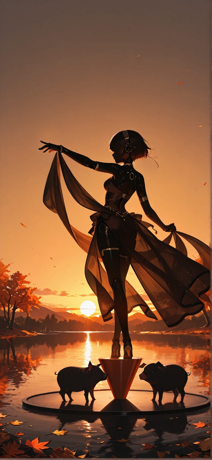 Silhouette Brown Sunset Sea Autumn Animal Machine mobile wallpaper / スマホ壁紙