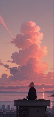 Silhouette Pink Sunset Sea Autumn Machine mobile wallpaper / スマホ壁紙