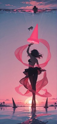 Silhouette Pink Sunset Sea Winter Animal mobile wallpaper / スマホ壁紙