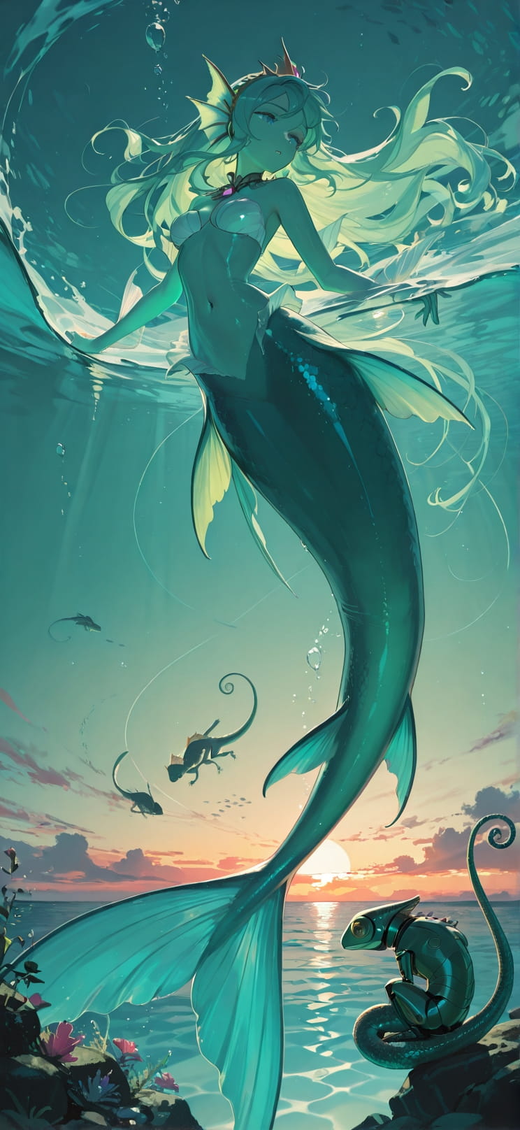 Siren Green Sunset Sea Summer Animal Machine mobile wallpaper / スマホ壁紙