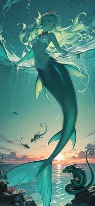 Siren Green Sunset Sea Summer Animal Machine mobile wallpaper / スマホ壁紙