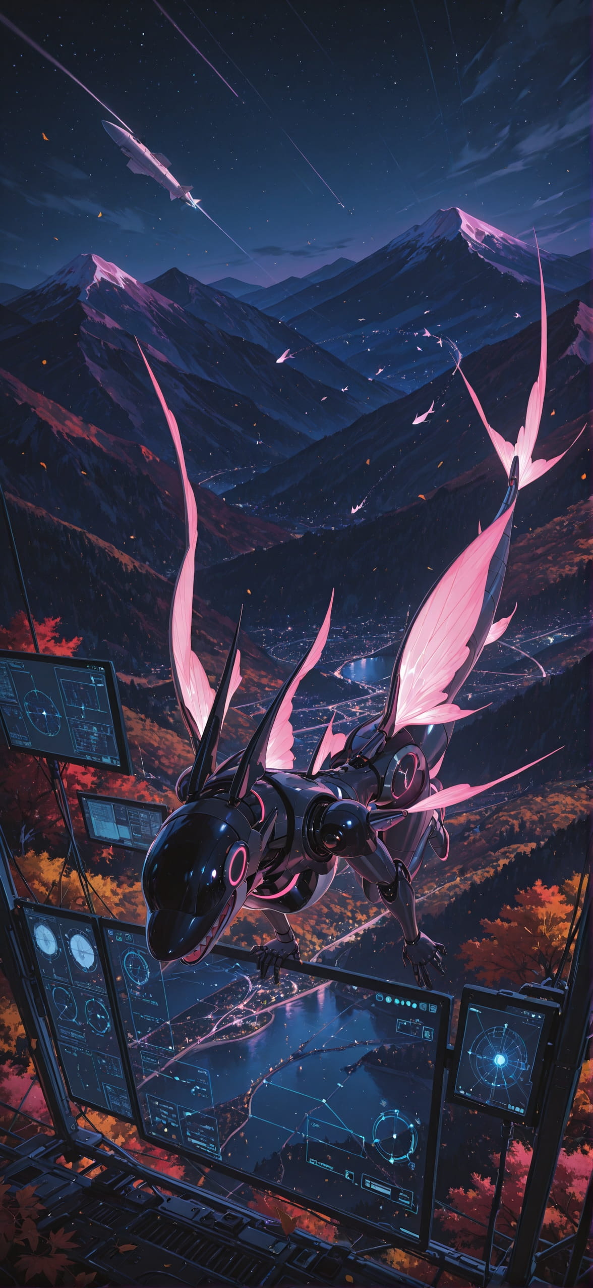 Spacexipo Pink Night Mountain Autumn Animal Machine mobile wallpaper / スマホ壁紙