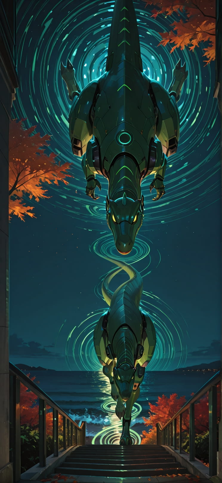 Spiral Green Night Sea Autumn Animal Machine mobile wallpaper / スマホ壁紙