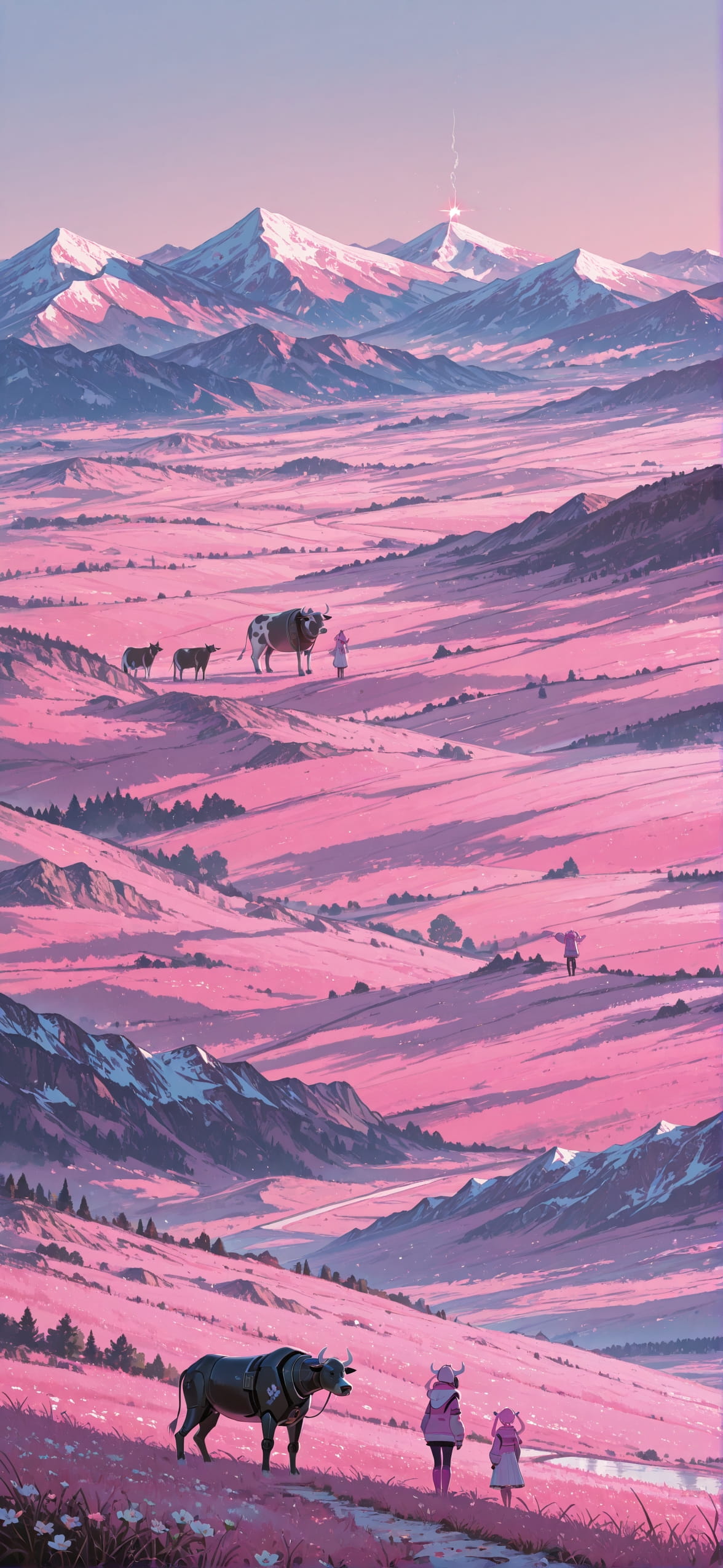 Surrealsilliness Pink Afternoon Mountain Spring Animal Machine mobile wallpaper / スマホ壁紙