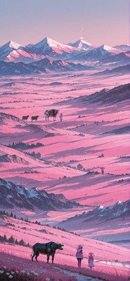 Surrealsilliness Pink Afternoon Mountain Spring Animal Machine mobile wallpaper / スマホ壁紙