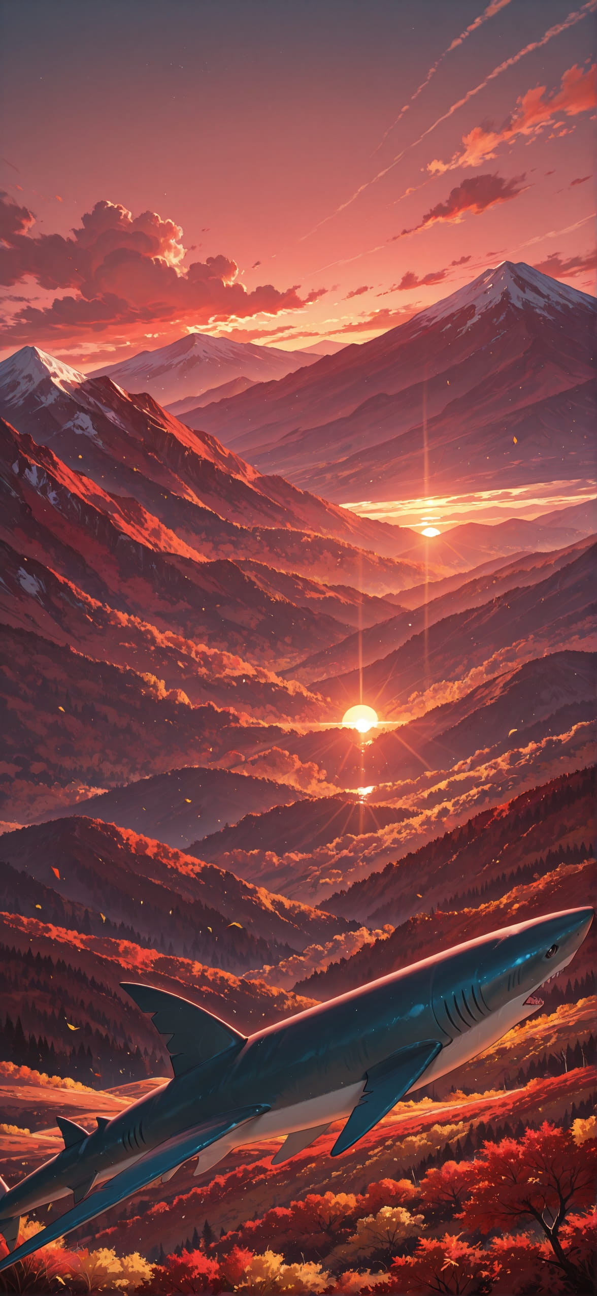 Surrealsilliness Red Sunset Mountain Autumn Animal mobile wallpaper / スマホ壁紙