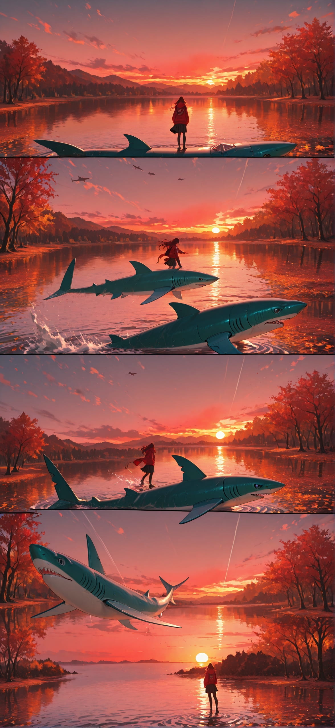 Surrealsilliness Red Sunset Sea Autumn Animal Machine mobile wallpaper / スマホ壁紙