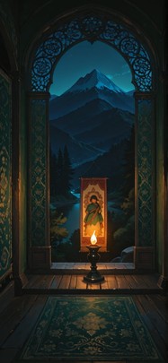 Tapestry Green Night Mountain Summer mobile wallpaper / スマホ壁紙