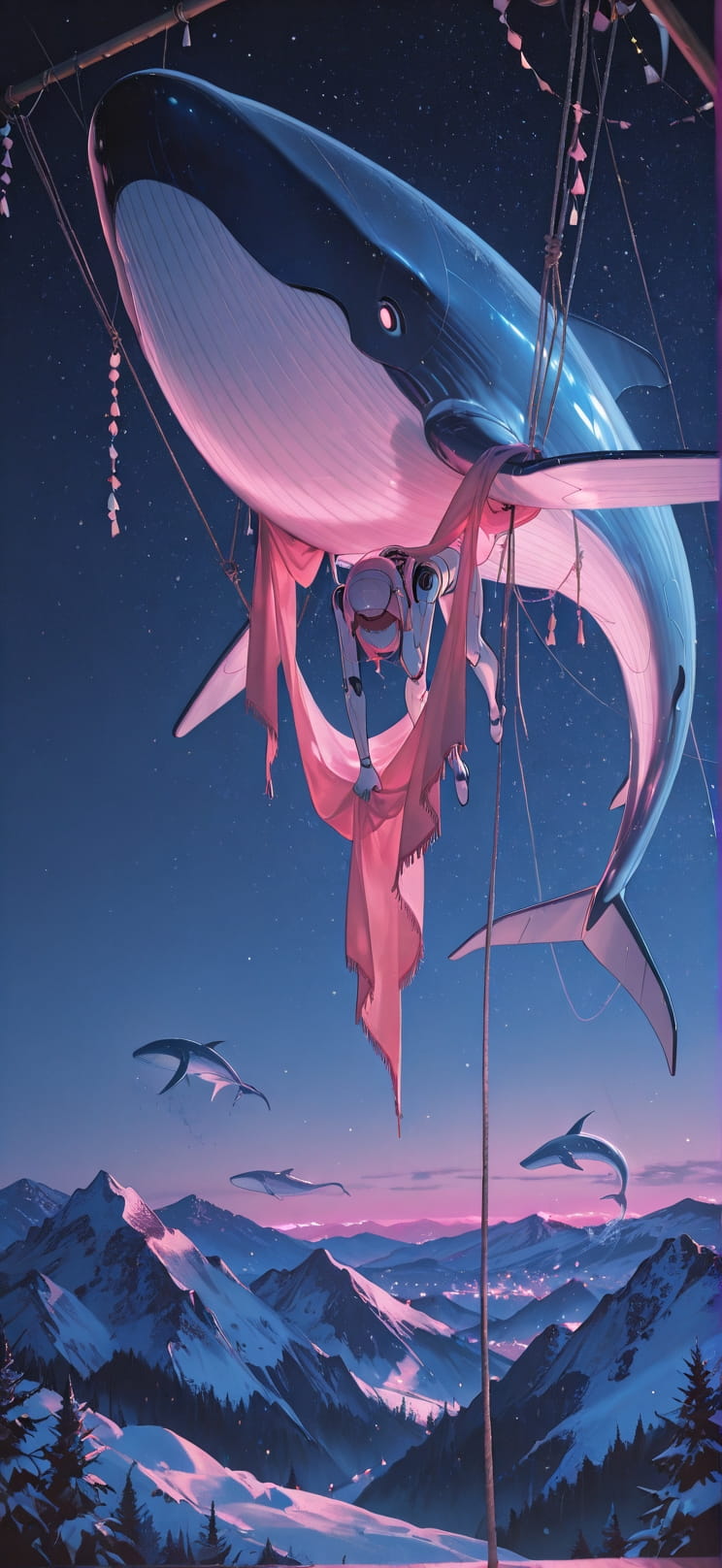 Tapestry Pink Night Mountain Winter Animal Machine mobile wallpaper / スマホ壁紙