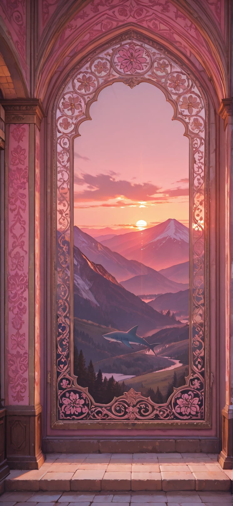 Tapestry Pink Sunset Mountain Spring Animal mobile wallpaper / スマホ壁紙