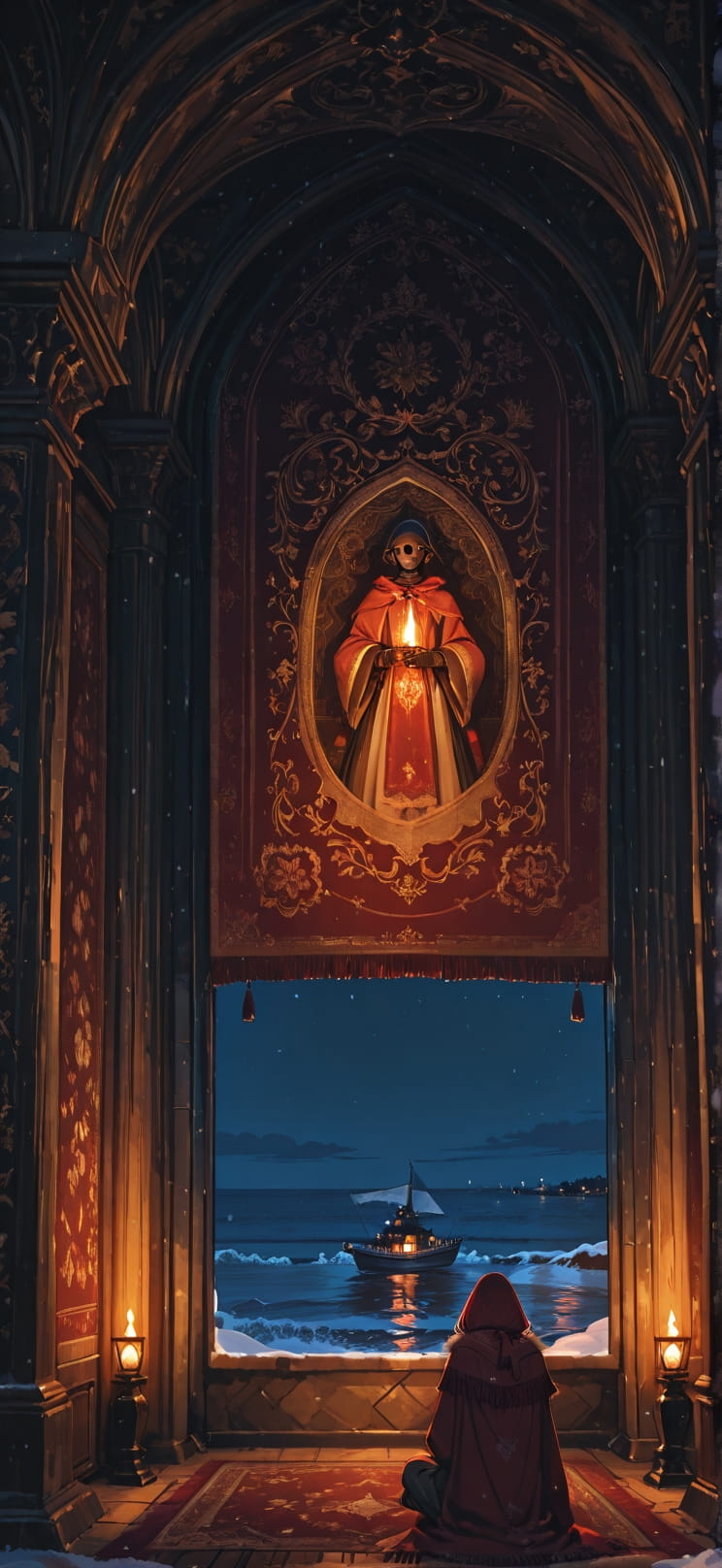 Tapestry Red Night Sea Winter Machine mobile wallpaper / スマホ壁紙