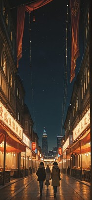 Tapestry Yellow Night City Winter mobile wallpaper / スマホ壁紙